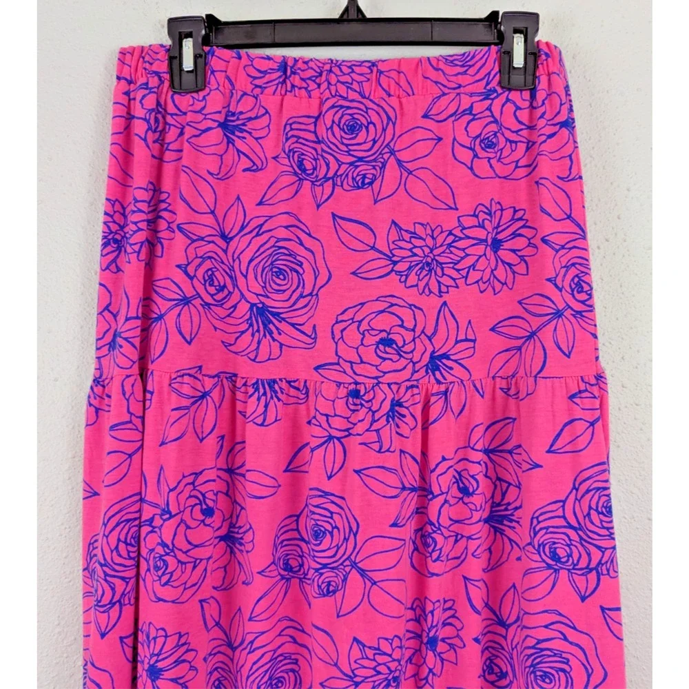 LuLaRoe Pink Maxi Skirt with Blue Floral Print
